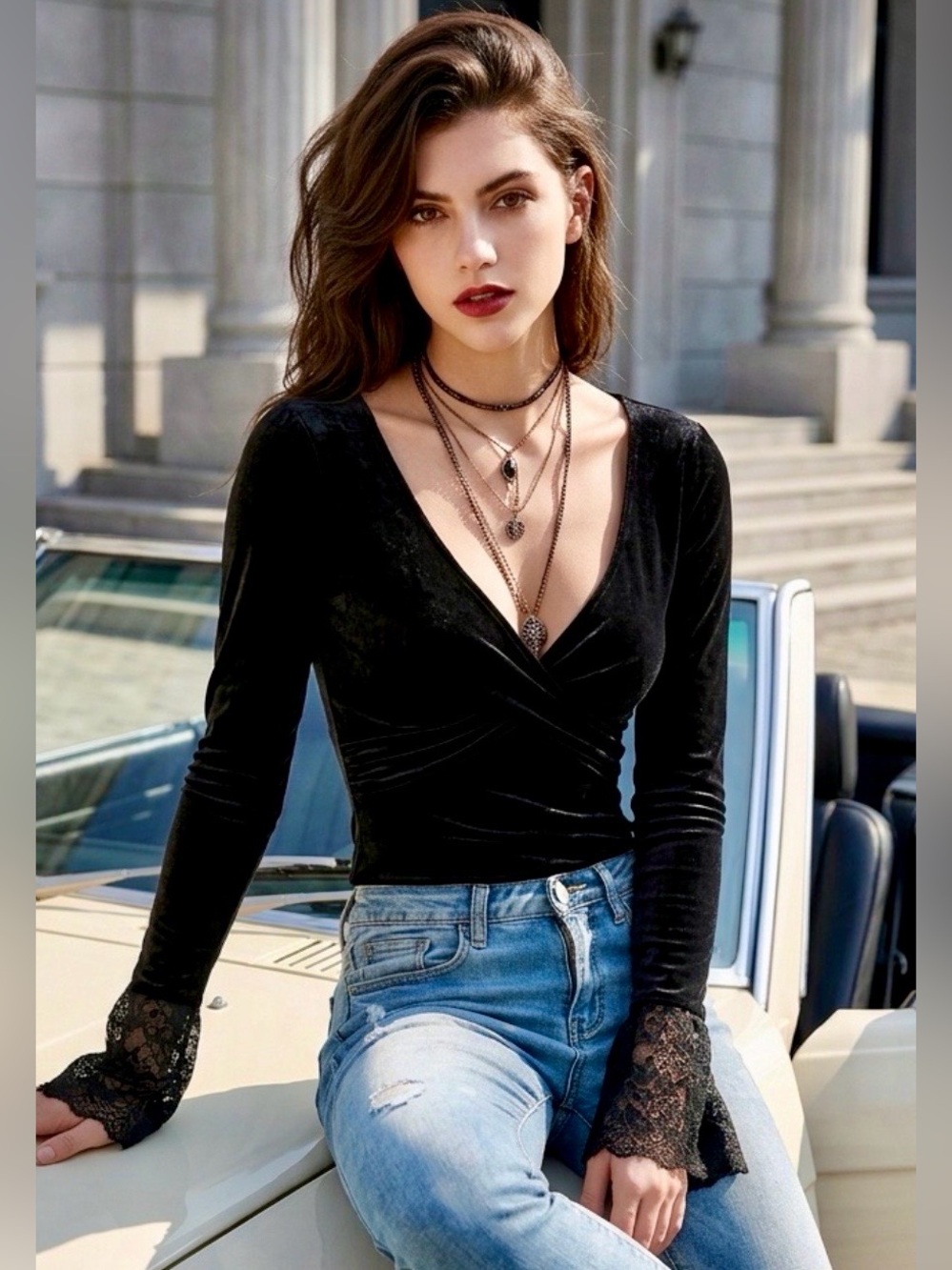 Trelyra Women’s NWOT Black Velvet Wrap Long-Sleeve Top with Lace Bell Cuffs M